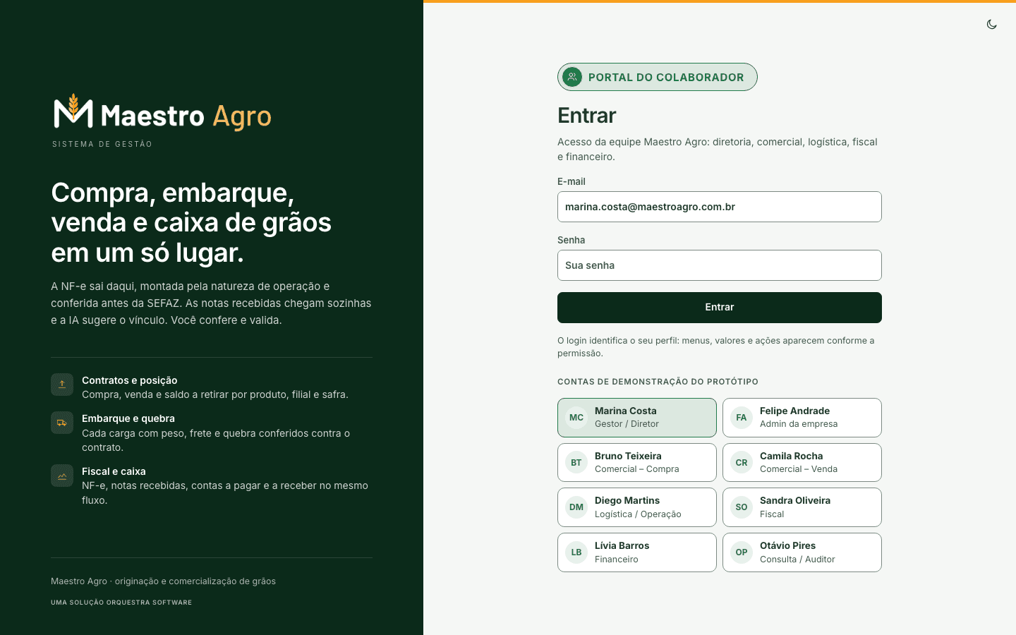 Tela de acesso Maestro Agro